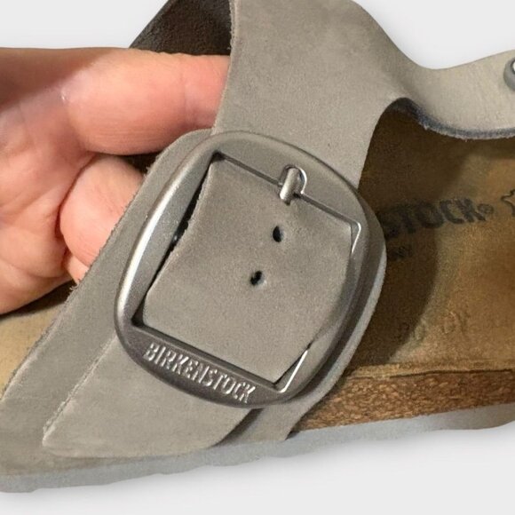 BIRKENSTOCK Gizeh Big Buckle 36 6 Nubuck Leather Dove Gray Silver Worn 2x Cork - Picture 4 of 9
